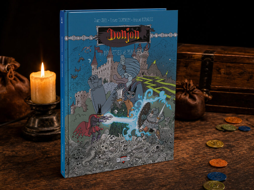 Photo du livre de jeu de rôle DONJON BONUS T3 sur une table en bois dans une ambiance de donjon